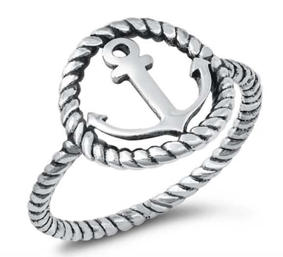 925 Sterling Silver Oxidized Circle Anchor Rope Ring
