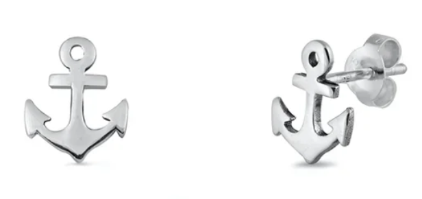 925 Sterling Silver Small Oxidized Anchor Stud Earrings