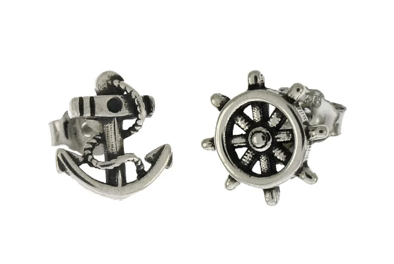 925 Sterling Silver Anchor & Wheel Nautical Mismatch Small Stud Earrings