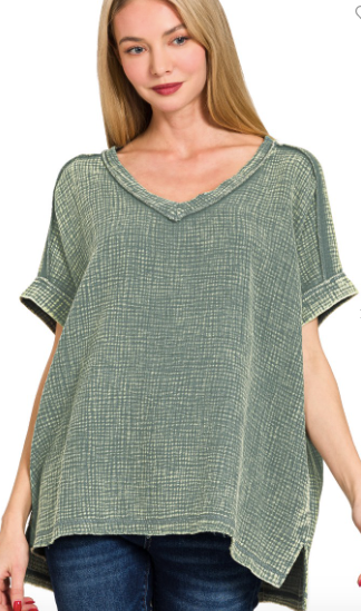 SALE Zenana Ash Jade Acid Washed Double Gauze V-neck Tee
