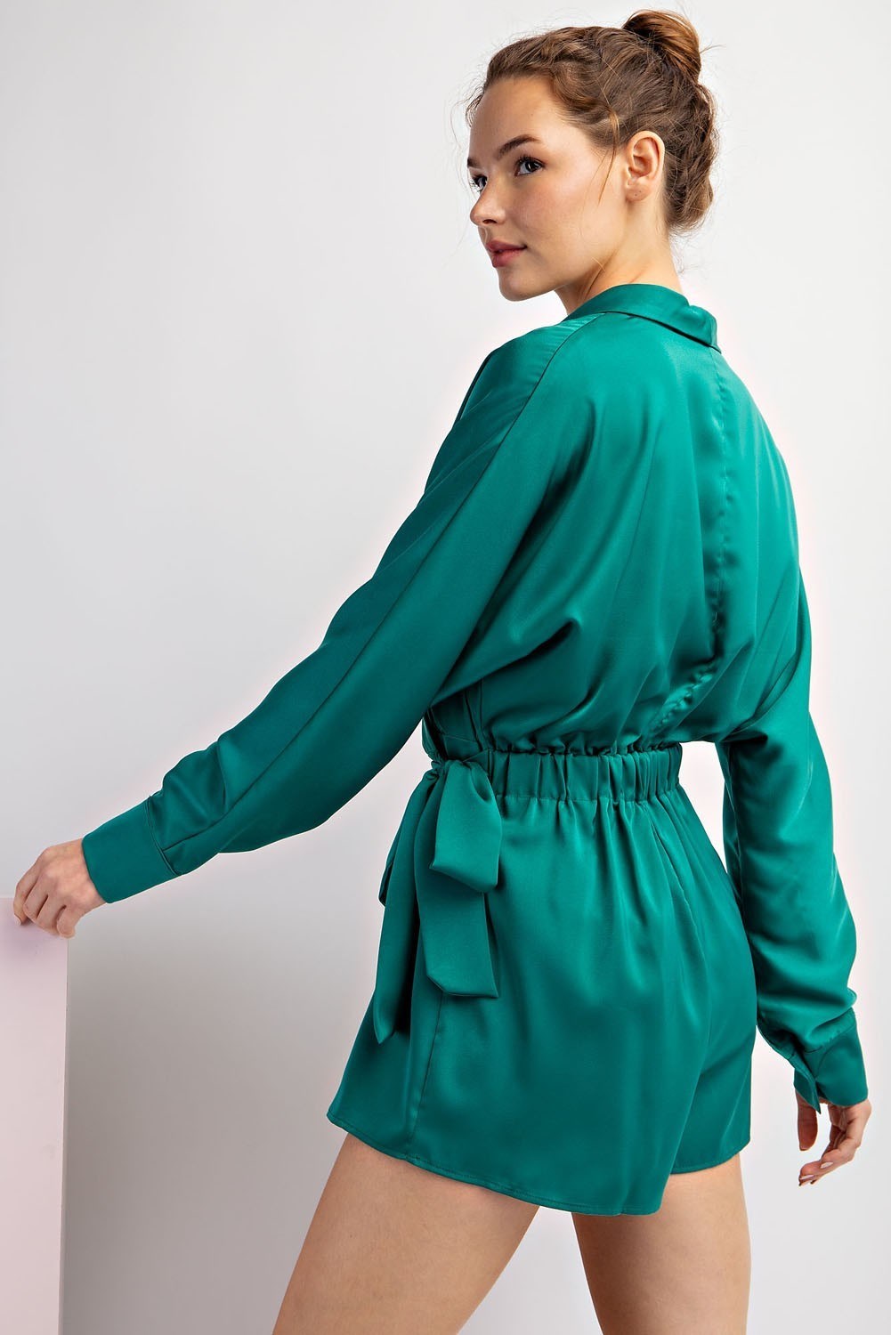 Green Bow Tie Waist V-Neck Satin Romper Dress