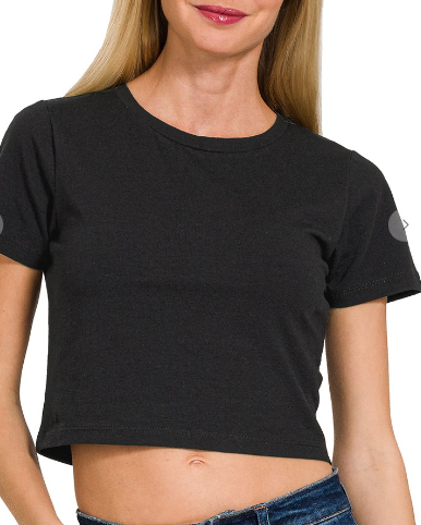 Zenana Cotton Short Sleeve Black Cropped Top