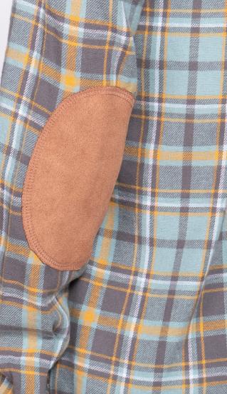Blue & Golden Long Sleeve Flannel with faux Suede Patch Button Down Plaid Shirt