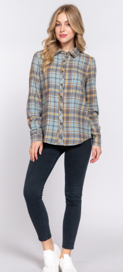 Blue & Golden Long Sleeve Flannel with faux Suede Patch Button Down Plaid Shirt