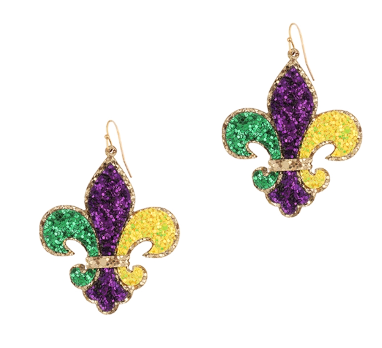 2" Full Purple Green & Gold Glitter Lightweight Fleur de Lis Mardi Gras Earrings