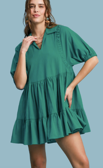 Jade Green V-Neck Tiered Women's Mini Baby Doll Dress