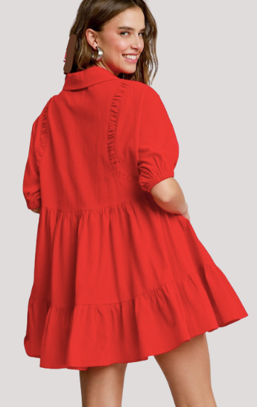Cherry Red V-Neck Tiered Women's Mini Baby Doll Dress