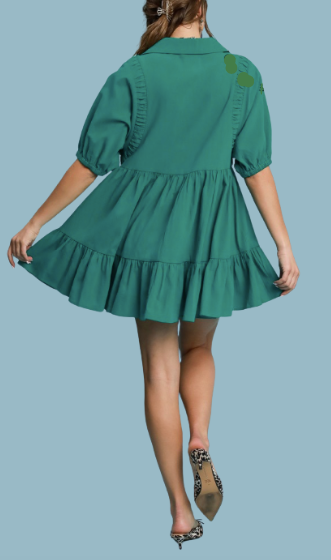 Jade Green V-Neck Tiered Women's Mini Baby Doll Dress