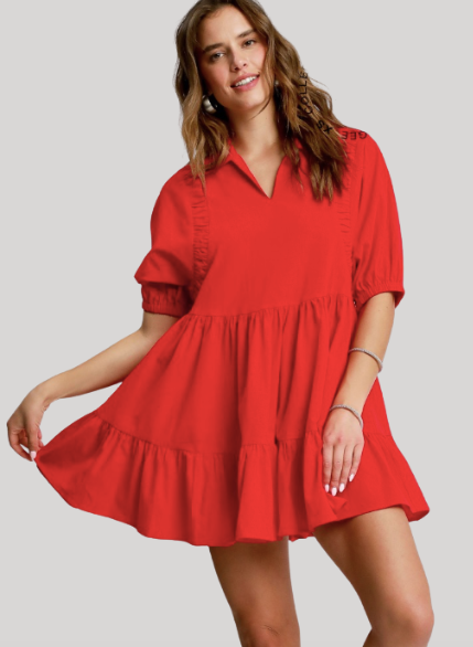 Cherry Red V-Neck Tiered Women's Mini Baby Doll Dress
