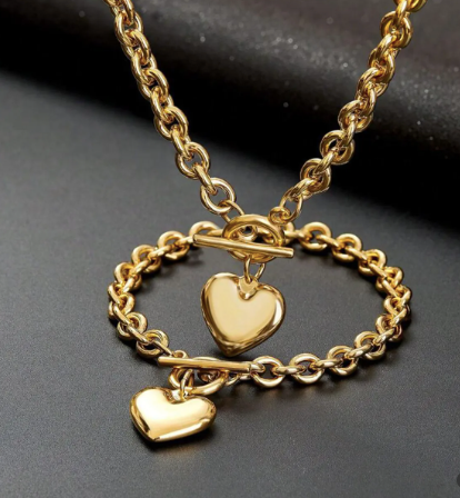 20" Fashion Gold Heart Pendant Toggle Necklace and Bracelet Set