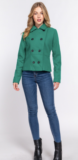 Double Breasted Cropped Green Pea Coat