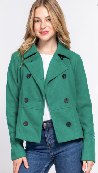 Double Breasted Cropped Green Pea Coat
