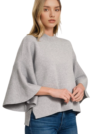 Grey Bell Sleeve Sweater with High Low Hem