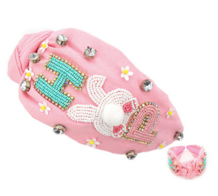 Pink Beaded "HOP" Easter Headband