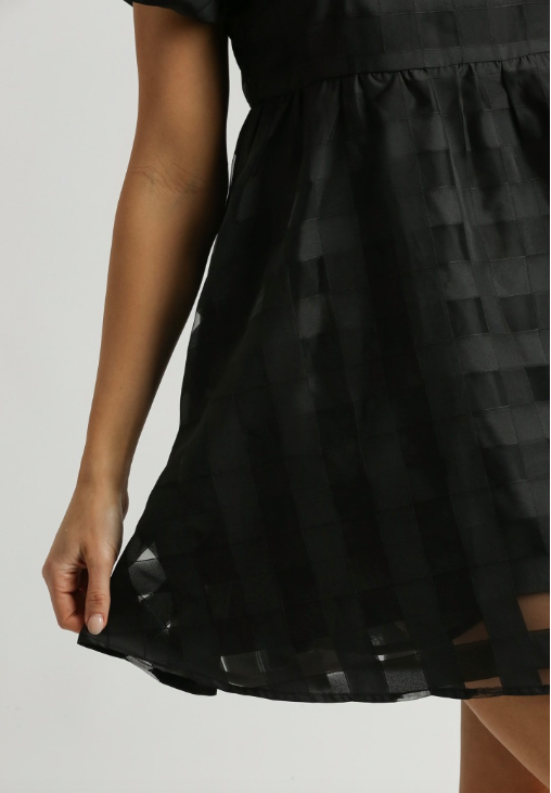 Sheer Black Checkered Babydoll Bubble Sleeve Mini Dress