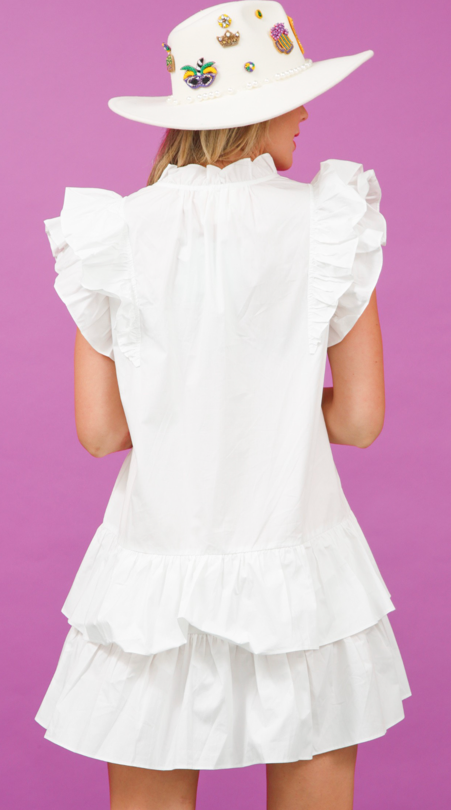 Flutter Sleeve White Star Patch Tired Mardi Gras Dress w/Pockets