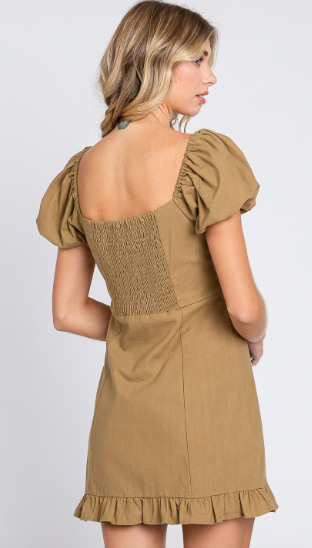 Mocha Sheath Mini Dress with Puff Sleeves and a Ruffle Bottom.
