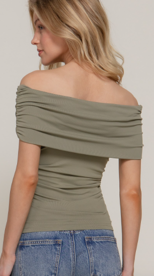 Off the Shoulder Short Sleeve Olive Green Ruched Knit Top