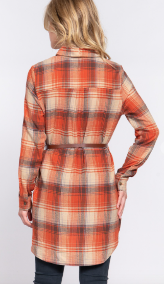 Orange and Brown Flannel Long Sleeve Notched Collar Plaid Tunic Shirt with Belt