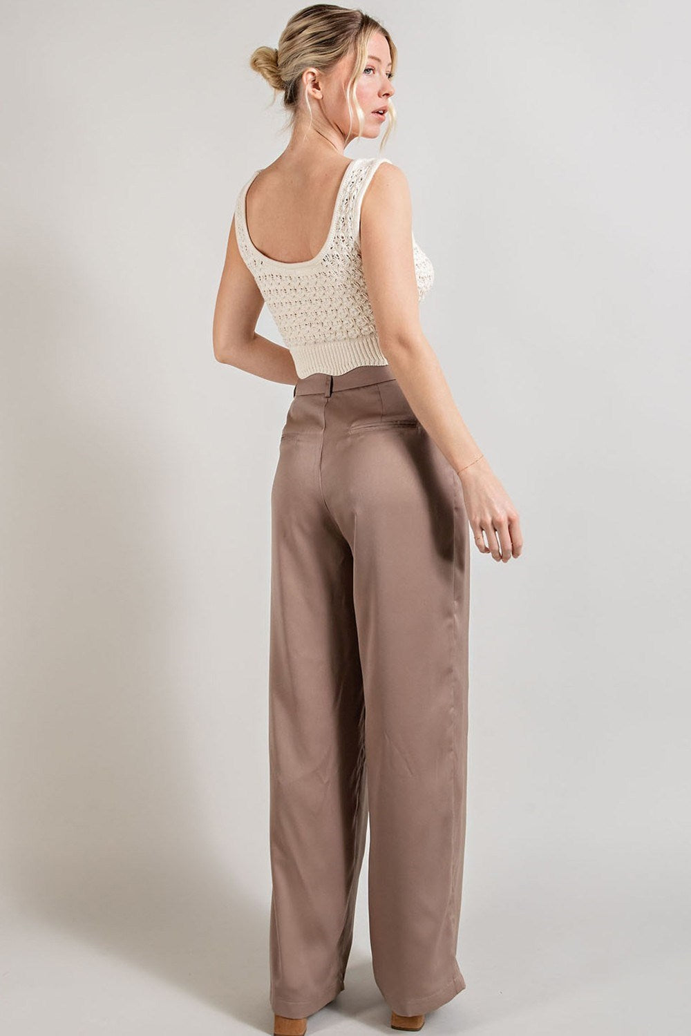 High Waist Coco Khaki Straight Leg Satin Pleated Pants