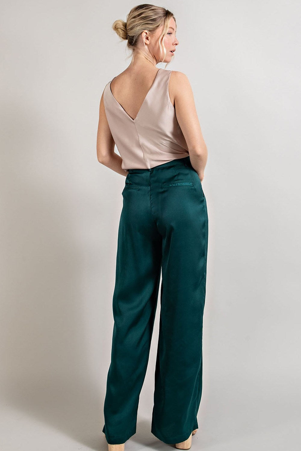 High Waist Dark Teal Straight Leg Satin Pleated Pants