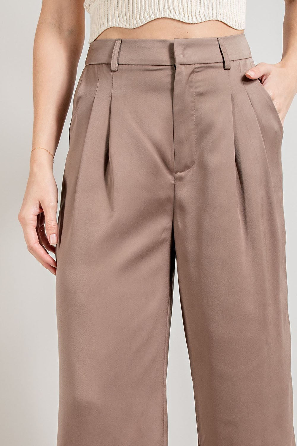 High Waist Coco Khaki Straight Leg Satin Pleated Pants