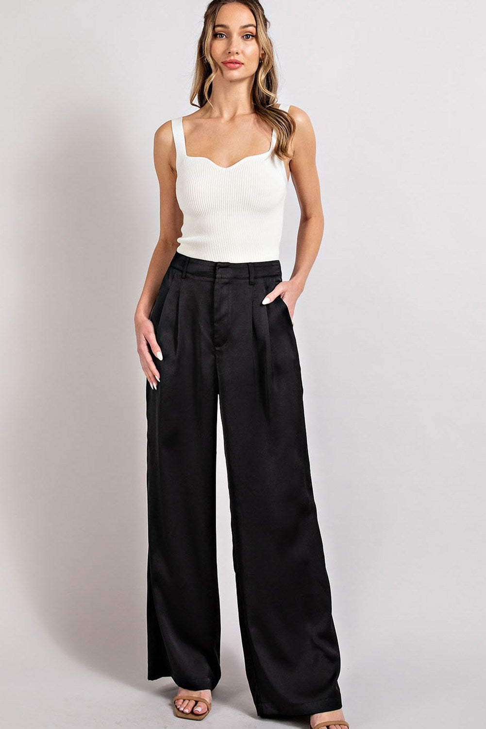 High Waist Black Straight Leg Satin Pleated Pants