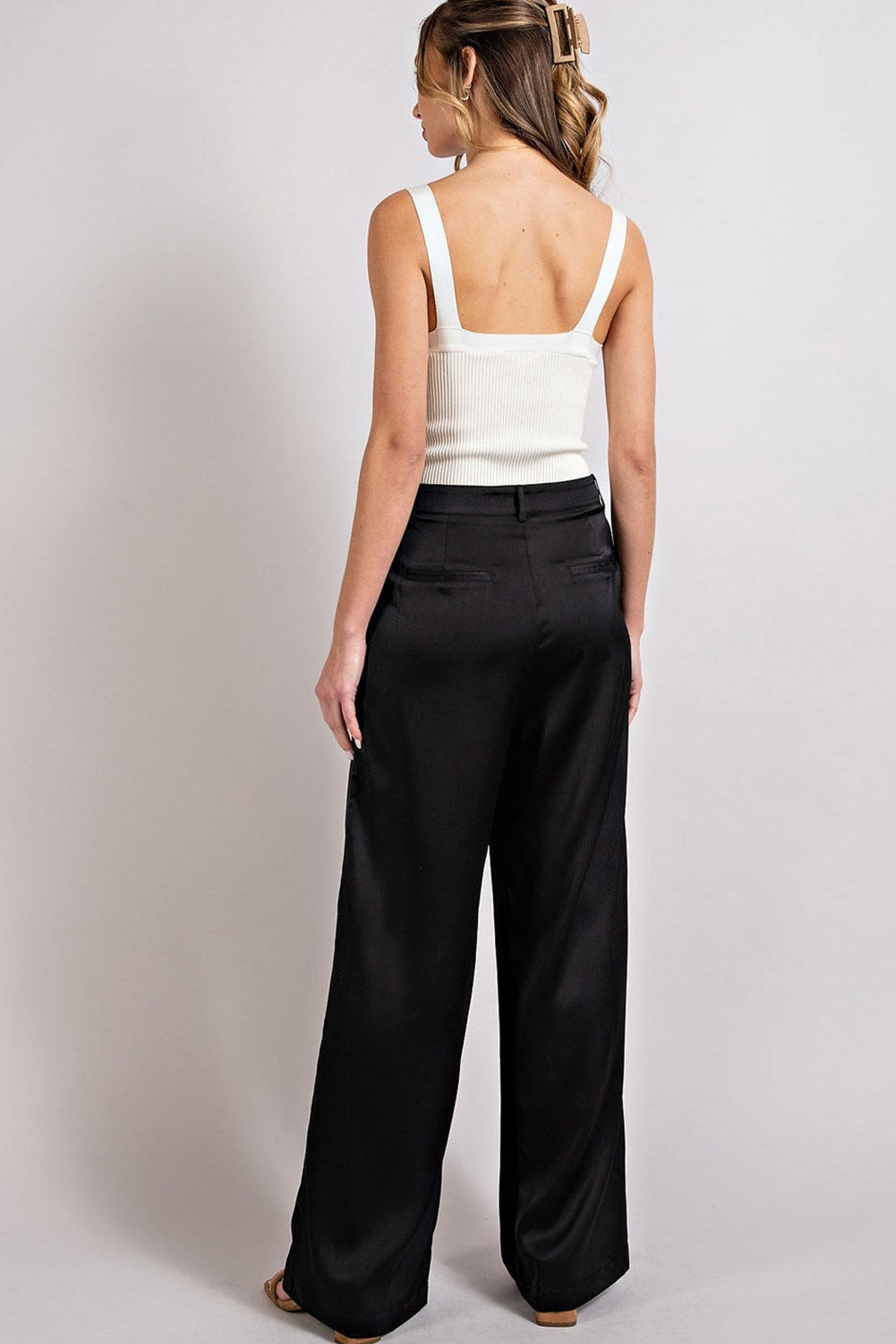 High Waist Black Straight Leg Satin Pleated Pants