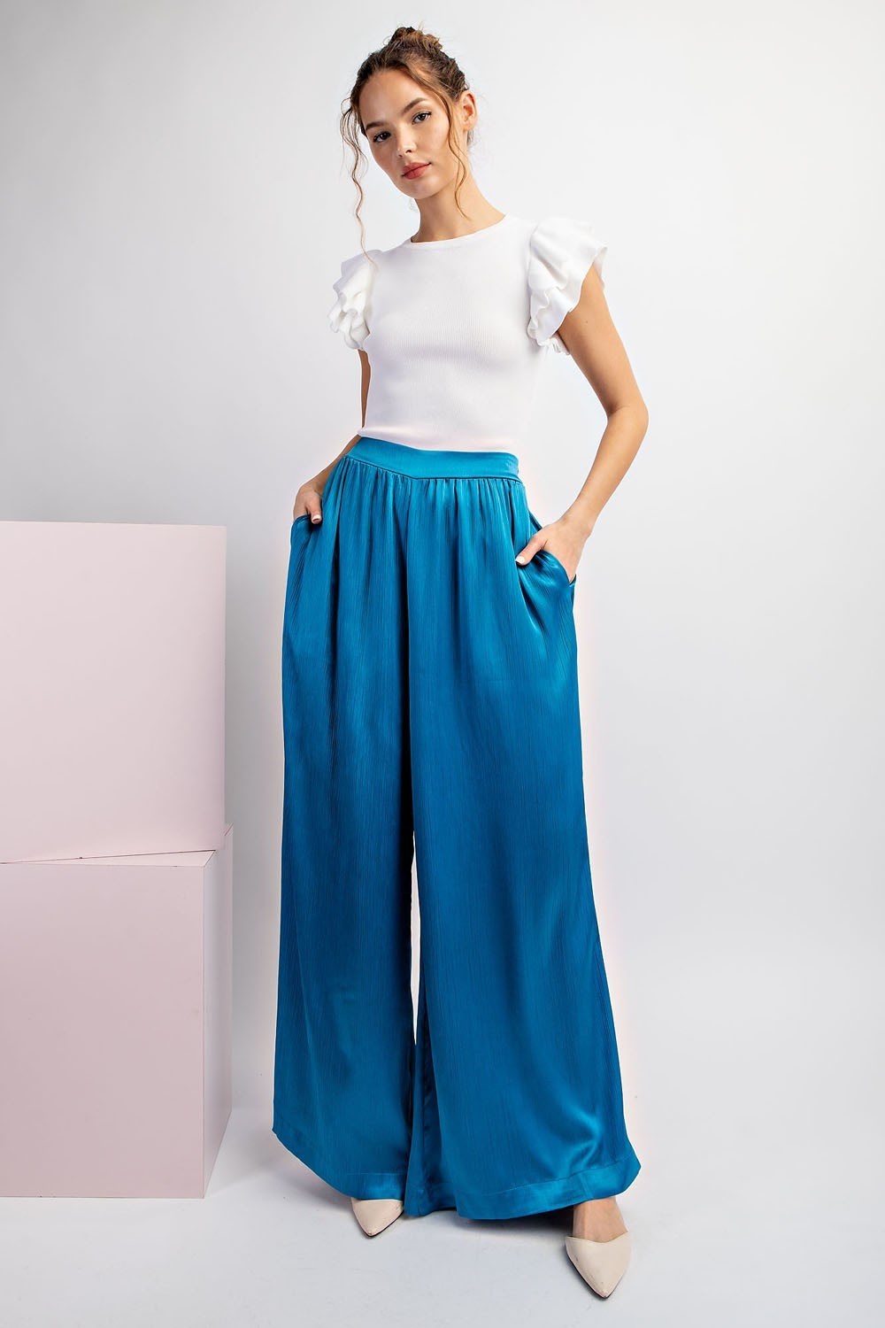 Aqua Blue Satin Wide Leg Pants