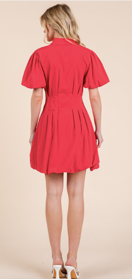 Red Button Up Mini Bubble Dress