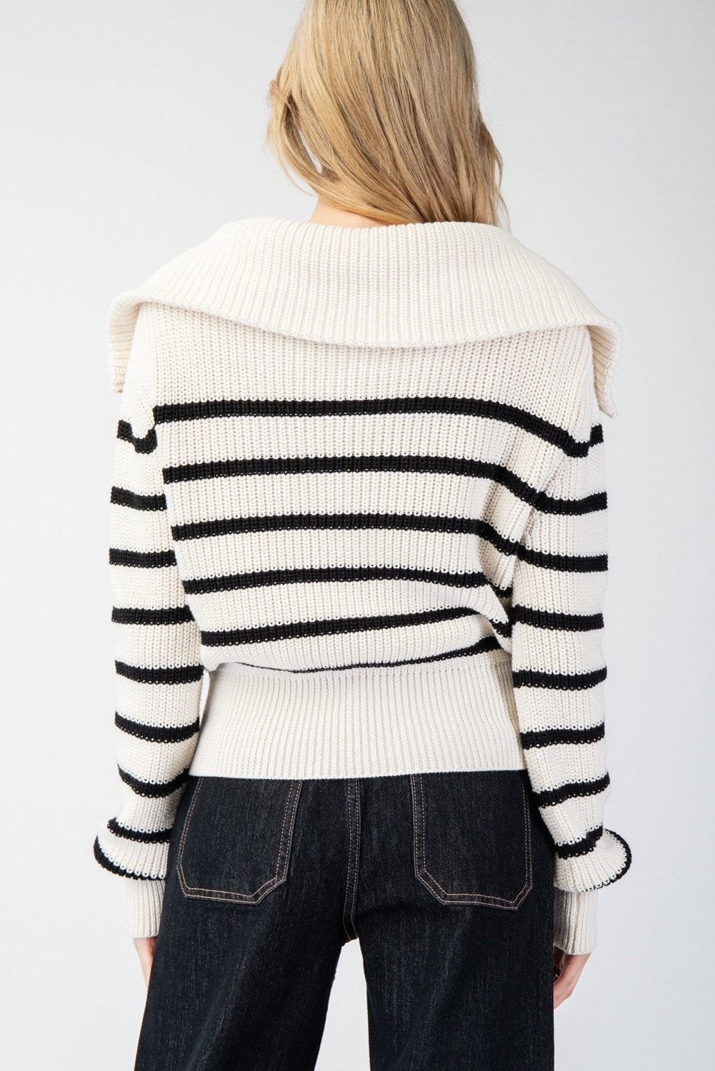 Thick Ivory and Black Stripe Half Zip Lapel Sweater