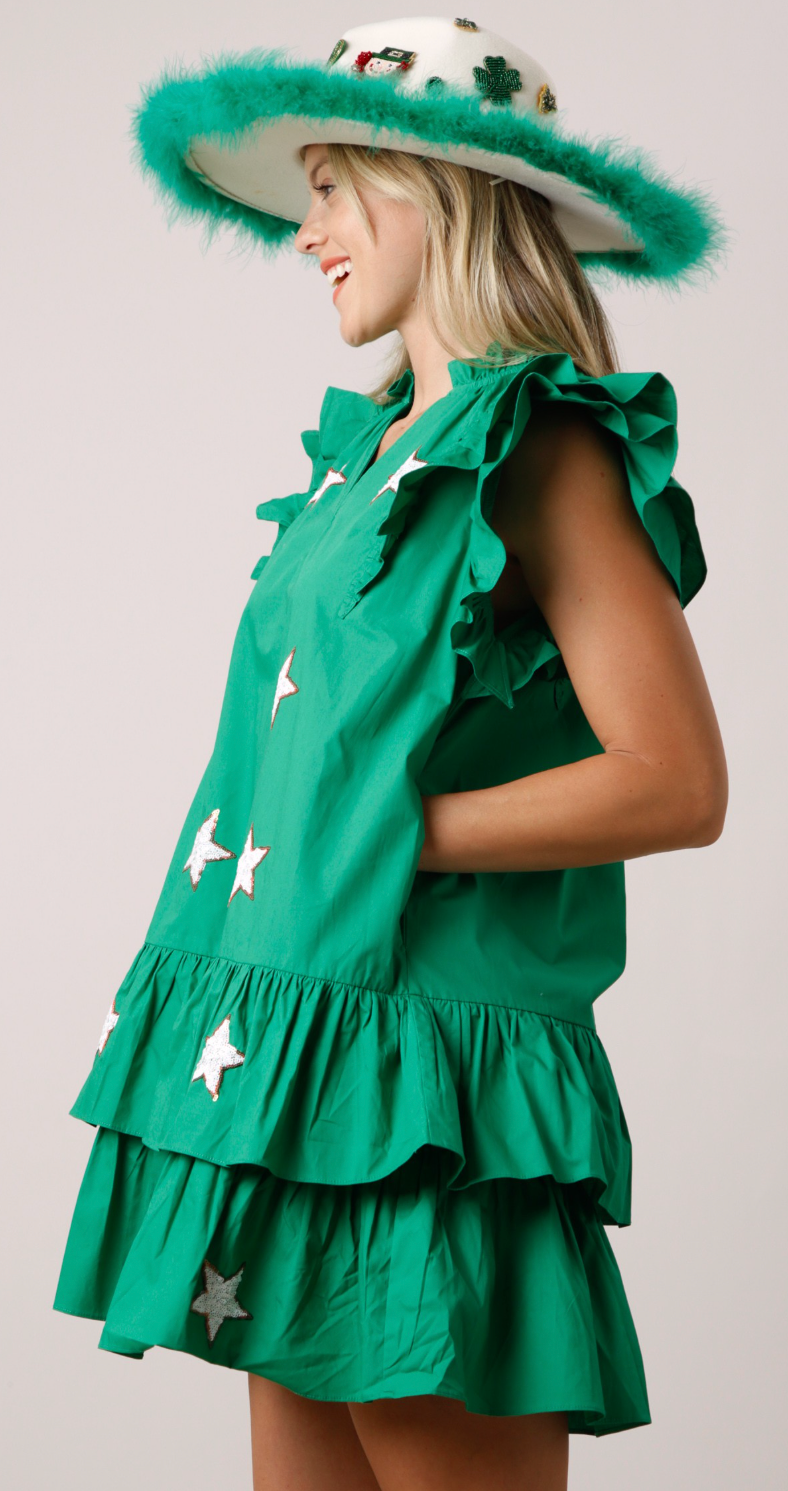 Kelly Green Tiered Flutter Dress with White Sequin Star Patches outlined in Thin Red Line