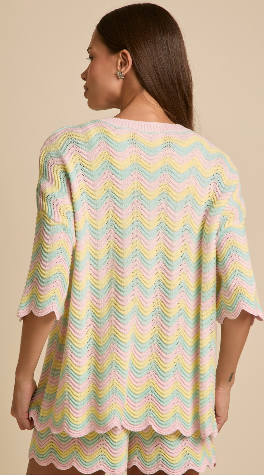 Pastel Woven Knit Scalloped Stripe 3/4 Sleeve Top and Bottom Set