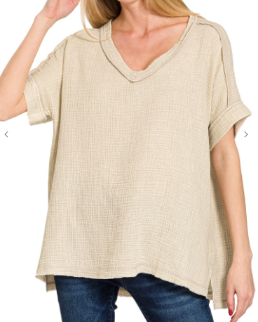Zenana Sand Beige Acid Washed Double Gauze V-neck Tee