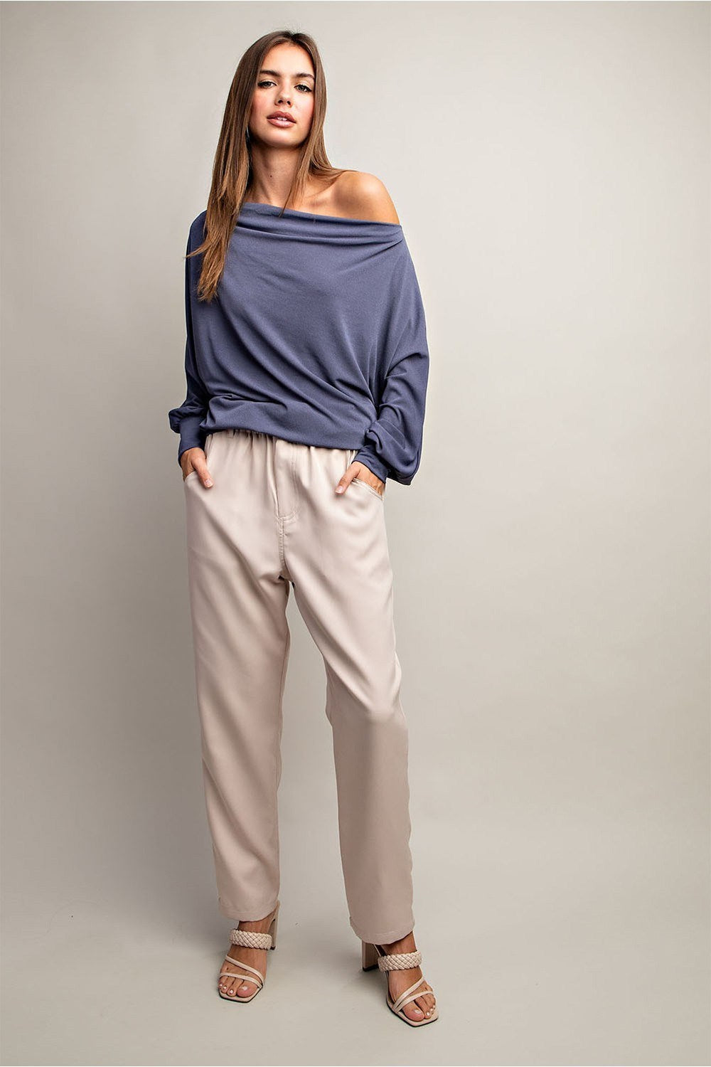 Slate Blue Light Weight Off the Shoulder Blouse