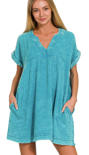 SALE Zenana Teal Washed Double Gauze Raw Edge V-neck Maggie Dress