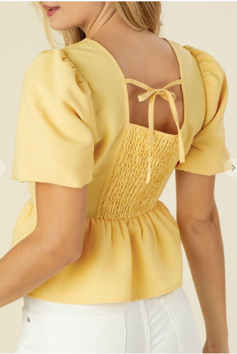 Bubble Sleeve Butter Yellow Peplum Top