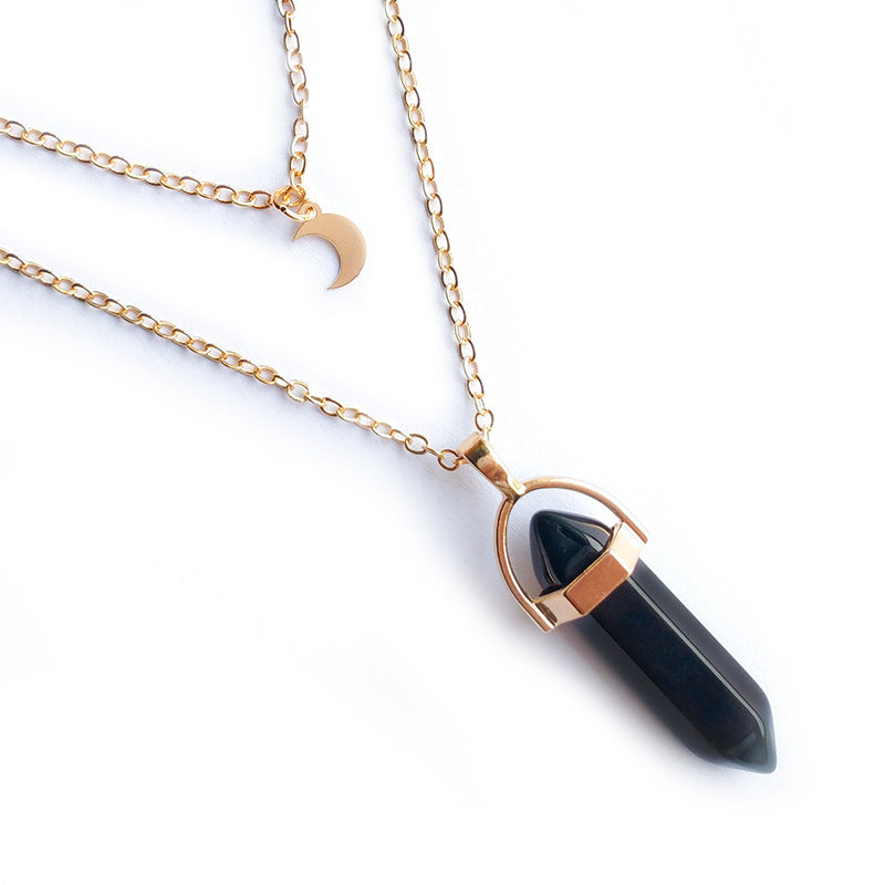 14" Double Chain Choker Necklace w/ Moon and Black Stone