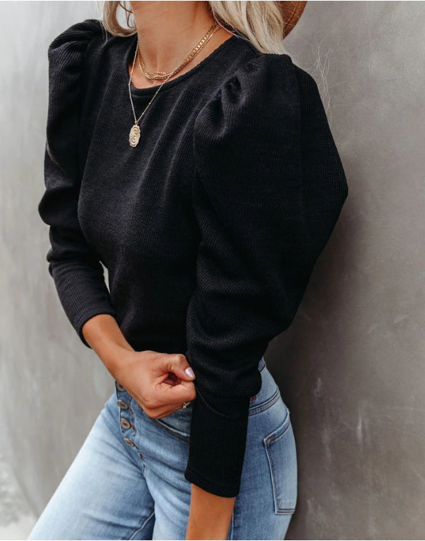 Long Puff Sleeve Black Knit Crop Top
