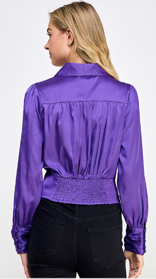 Long Sleeve Royal Purple V- Neck Top with Bow Tie Wrap