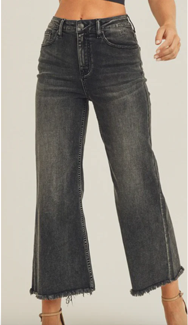 Black Wash Wide Leg Frey Stretch Denim Long Capri Jeans