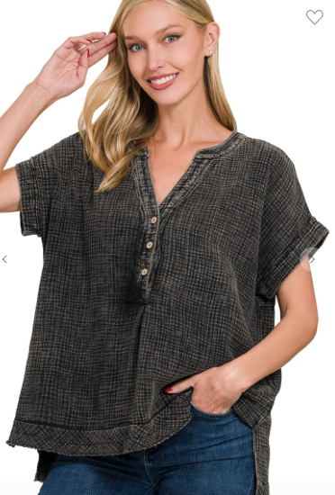 Zenana Ash Black Double Gauze Oversized Button Shirt