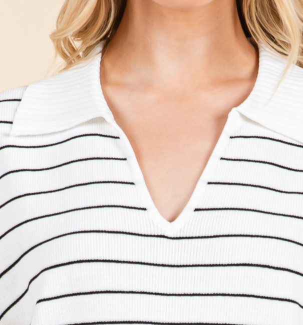 Black and White Striped V-Neck Collared Sweater Vest Top
