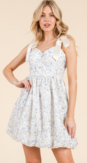 Floral Bubble Skirt Mini Dress with Ribbon Straps