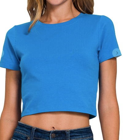 Zenana Cotton Short Sleeve Blue Cropped Top