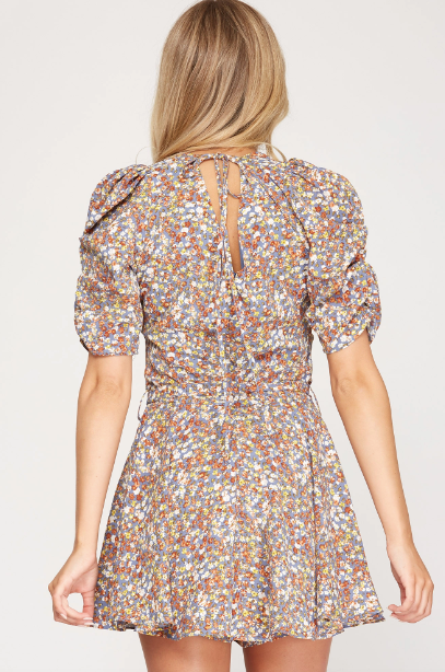 Woven Printed Floral Puff Sleeve Romper Dress