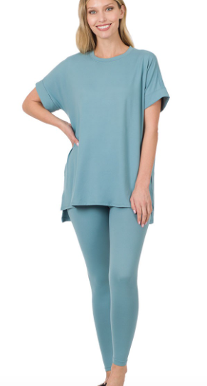 Blue Grey Microfiber Pant Loungewear Set