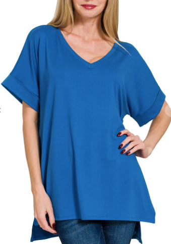 Zenana Blue Oversized High- Low Hem Rolled Short Sleeve V-neck Top