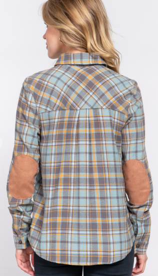 Blue & Golden Long Sleeve Flannel with faux Suede Patch Button Down Plaid Shirt