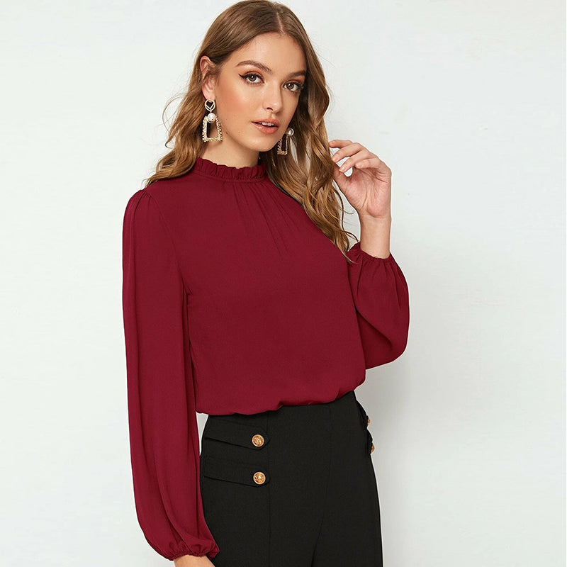 Long Burgundy Ruffle Neck and Sleeve Top